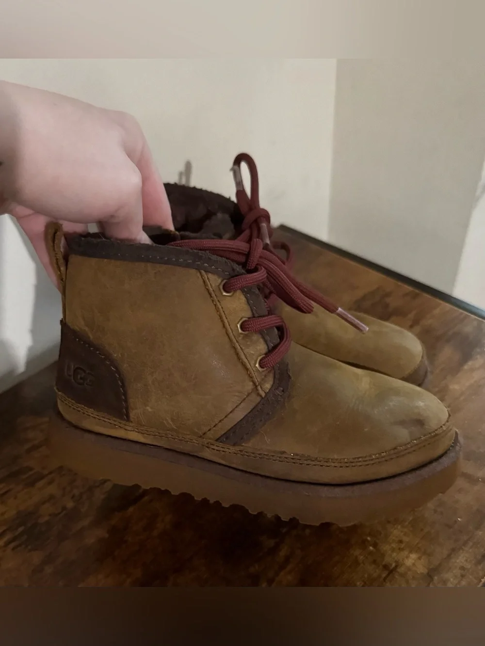 UGG Kids Tan Brown Neumel Boot with Red Laces